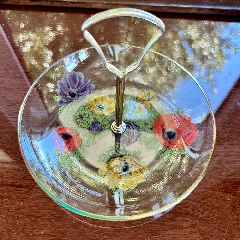 Vintage Chance Glass Anemone Flowers Pattern Small Tidbit Tray / Trinket Dish
